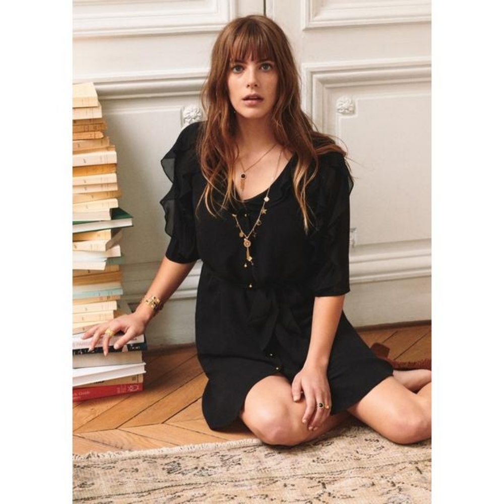 NWOT Sezane Josephine ruffled button down belted black dress